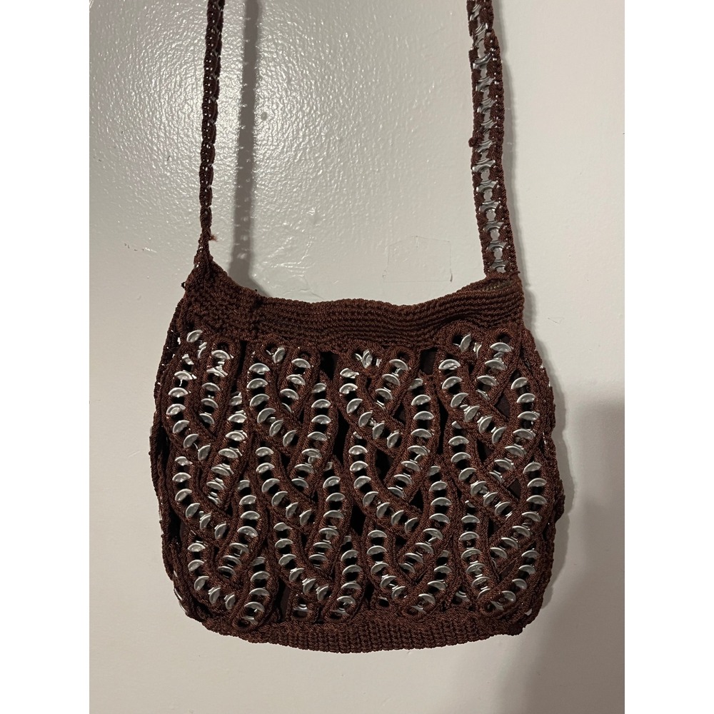 Handmade Crochet Soda Pop Tab Crossbody Bag Brown Silver Woven Boho 8x10x3